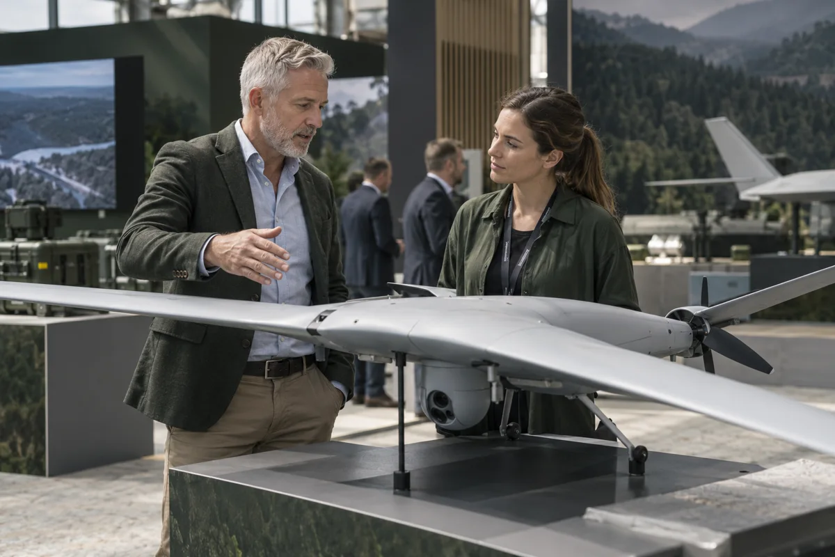Technical sales discussion beside a drone at an aerospace exhibition - AI-generated illustration
