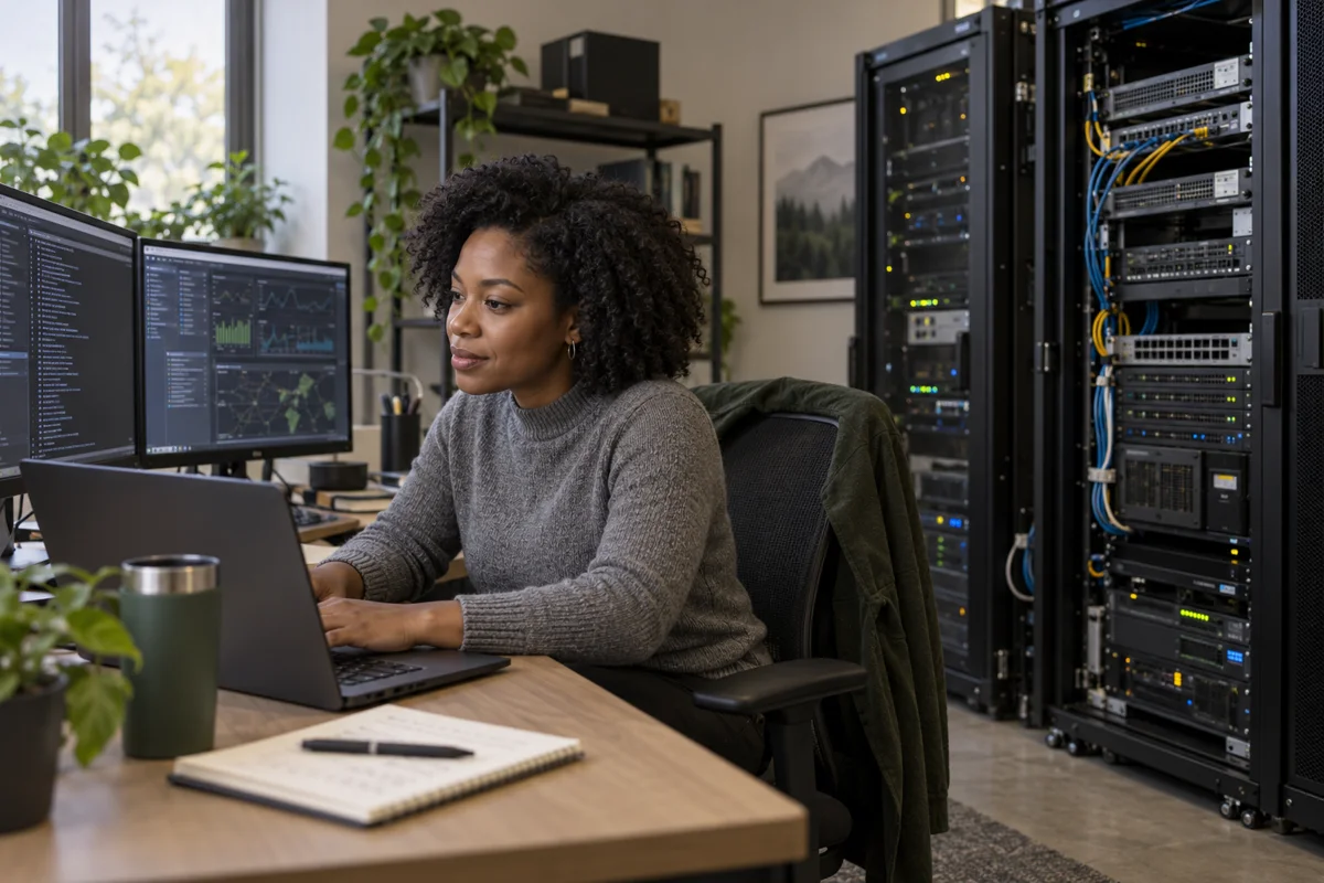 Infrastructure engineer working beside server racks - AI-generated illustration