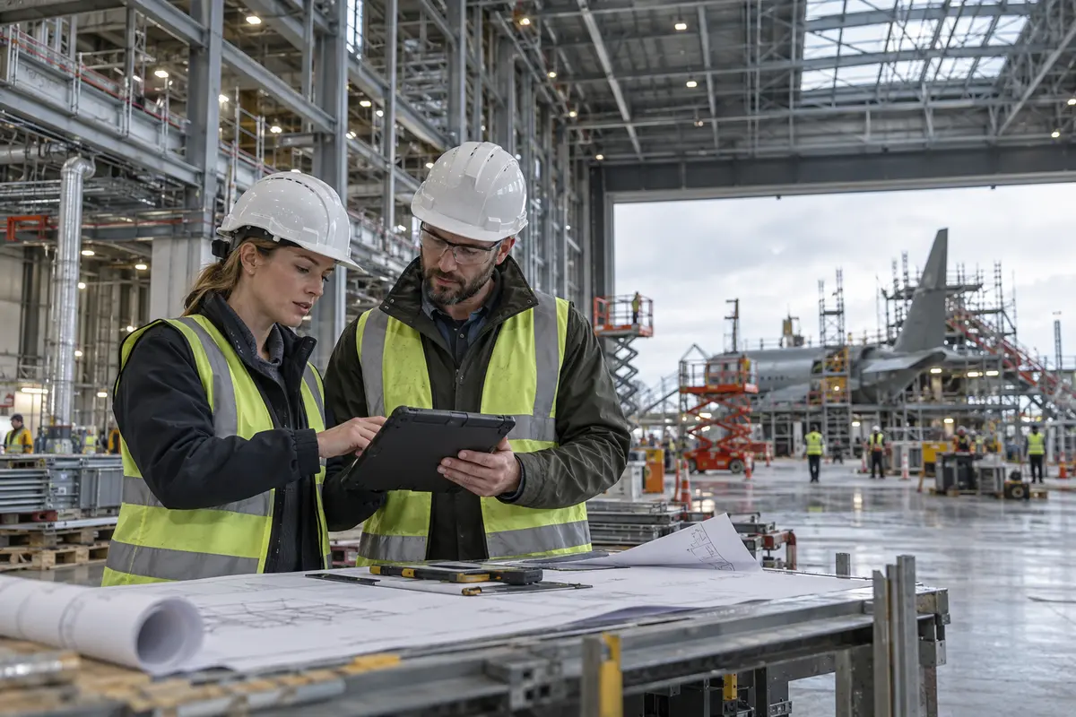 Construction project professionals working inside a secure aerospace infrastructure programme - AI-generated illustration