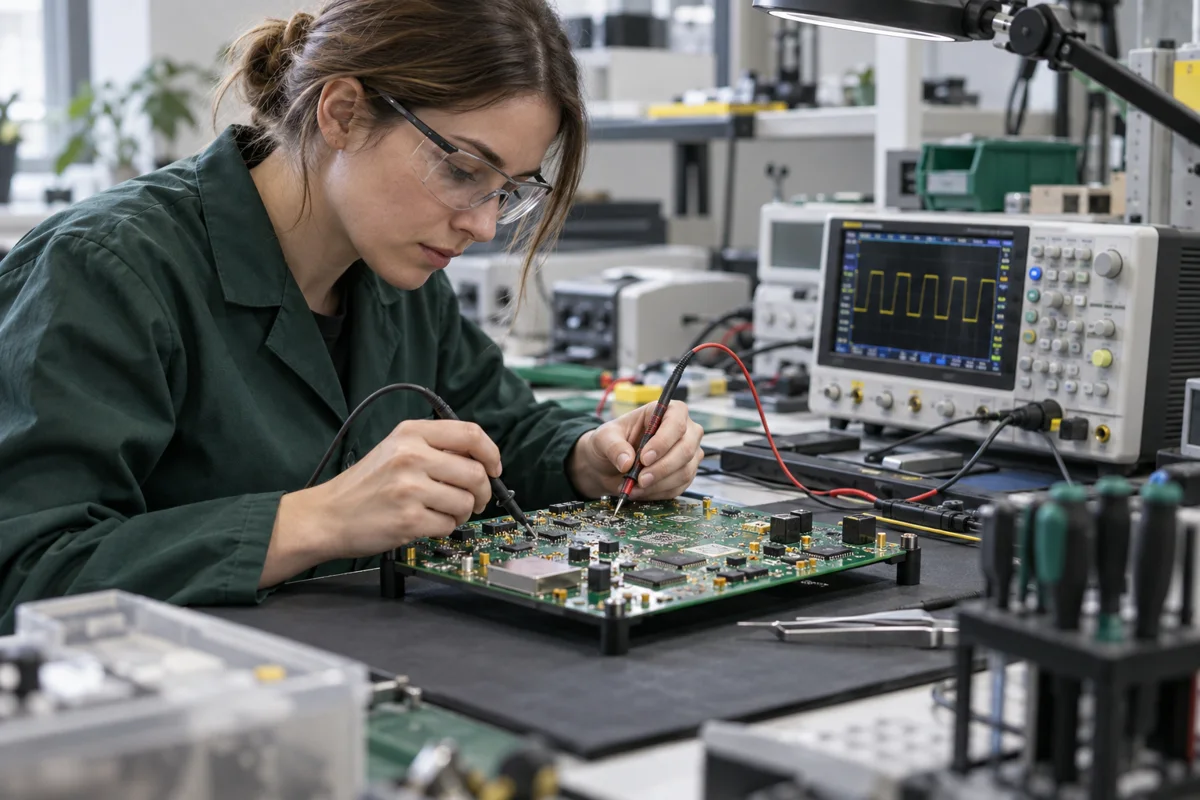 Embedded systems and electronics testing with an oscilloscope and circuit board - AI-generated illustration